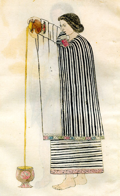 A Spanish image of a woman pouring cocoa from a height to give it a frothy head 